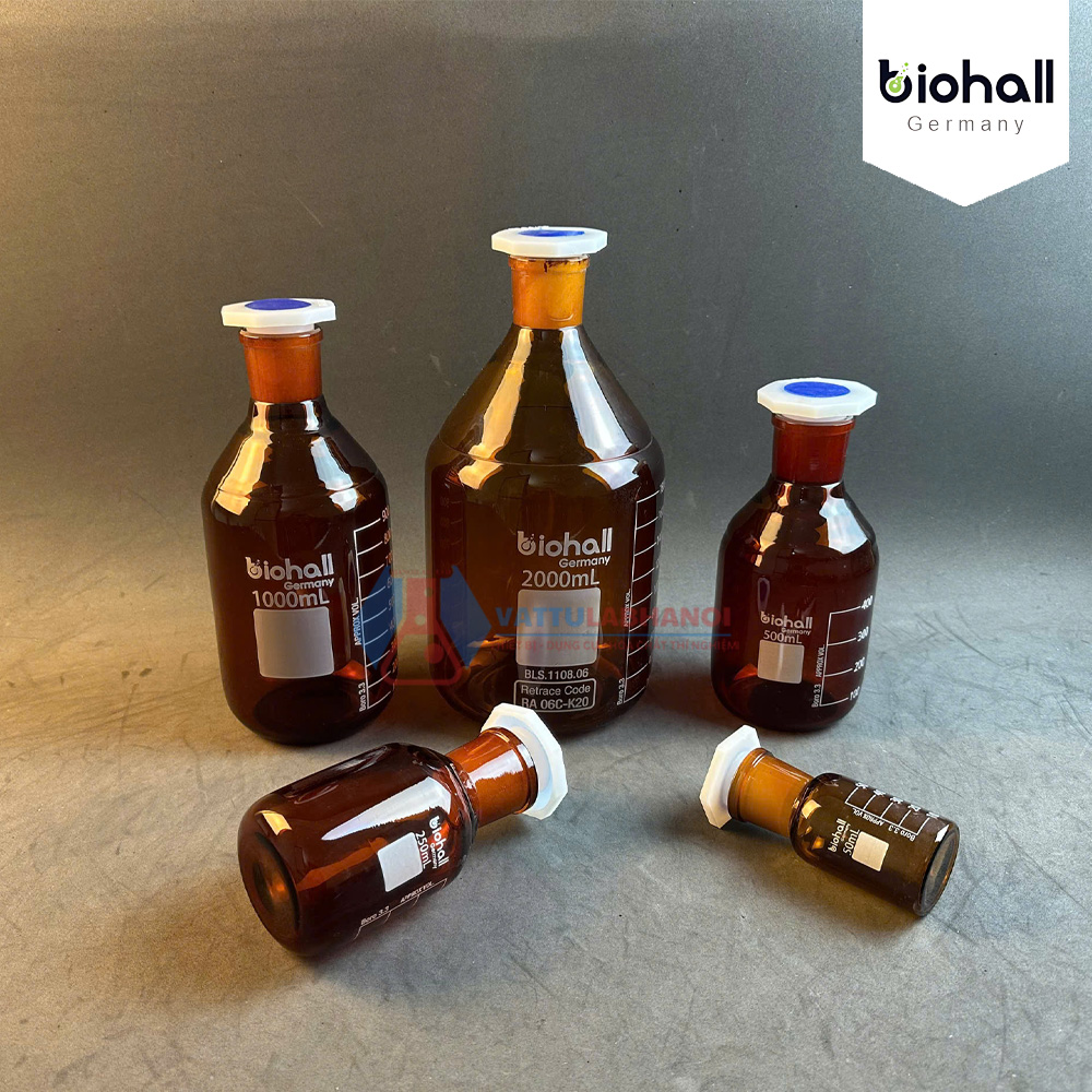CHAI THỦY TINH NÂU - NÚT MÀI - MIỆNG RỘNG, HÃNG BIOHALL-GERMANY